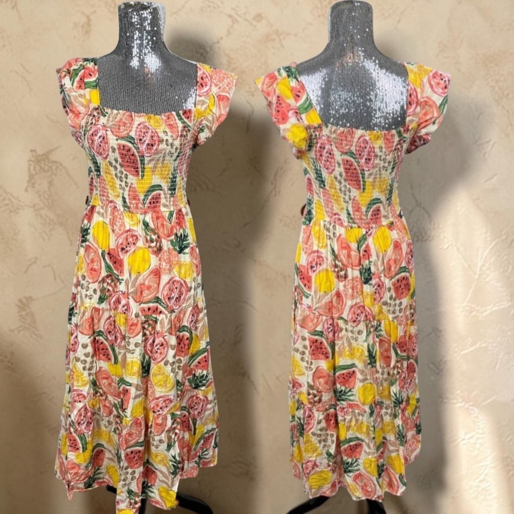 Smocked Tiered Maxi Dress Fruit Print Cottagecore Flutter Sleeve Large Summer